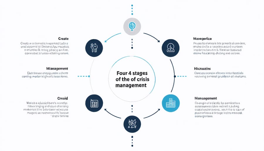 Four-stage crisis management cycle diagram showing Prevention, Response, Recovery, and Learning phases