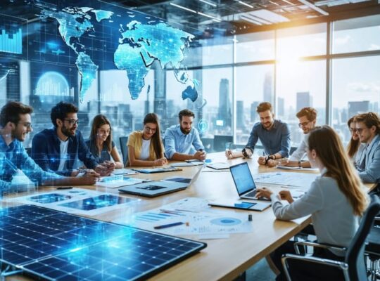 A diverse team of engineers and researchers from different industries collaborating enthusiastically over solar development plans in a high-tech laboratory setting.