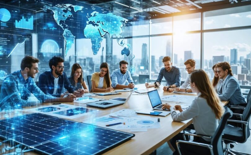 A diverse team of engineers and researchers from different industries collaborating enthusiastically over solar development plans in a high-tech laboratory setting.