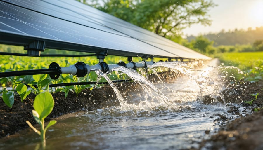 Water droplets falling from drip irrigation system onto green crops