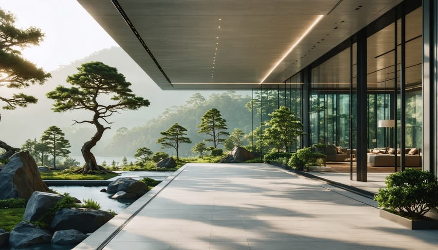 Modern pergola with adjustable wooden slats creating shadow patterns