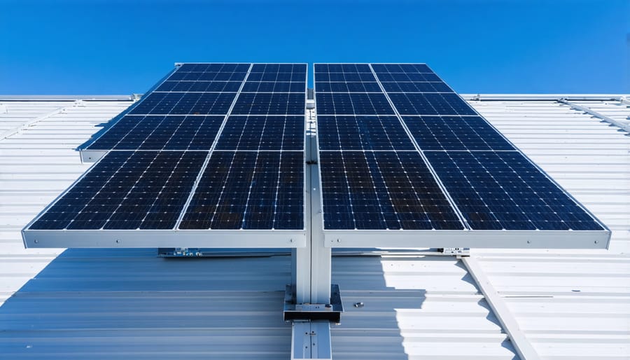 Aerial view of residential solar installation with safety equipment and access paths