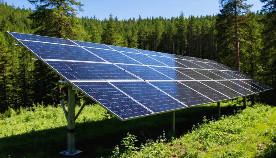 Solar panel array in forest clearing with natural vegetation and wildlife paths maintained