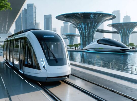 Futuristic cityscape showcasing multiple solar-powered transportation methods, including electric vehicles with solar panels, solar-assisted bus, and autonomous solar vessel, highlighting advancements in sustainable mobility.