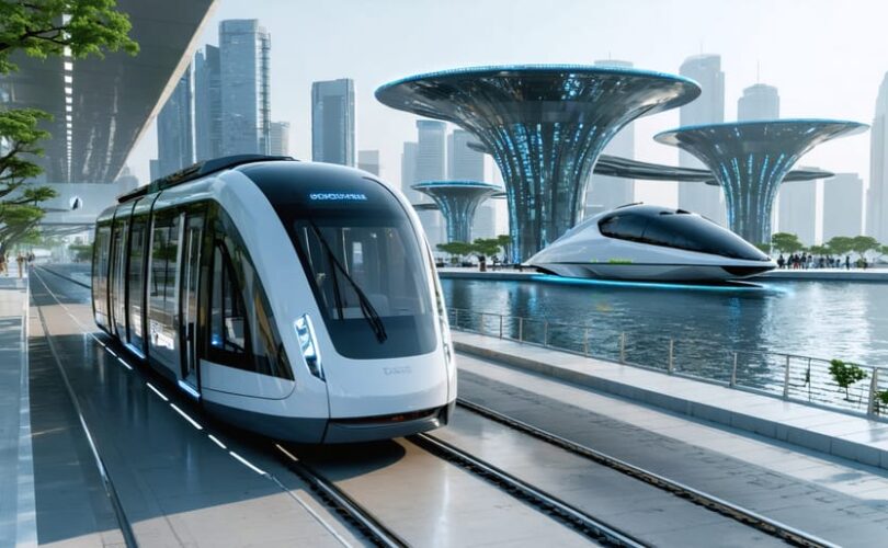 Futuristic cityscape showcasing multiple solar-powered transportation methods, including electric vehicles with solar panels, solar-assisted bus, and autonomous solar vessel, highlighting advancements in sustainable mobility.