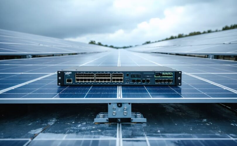 "HPE edge computing hardware integrated with utility-scale solar panel array under overcast sky."