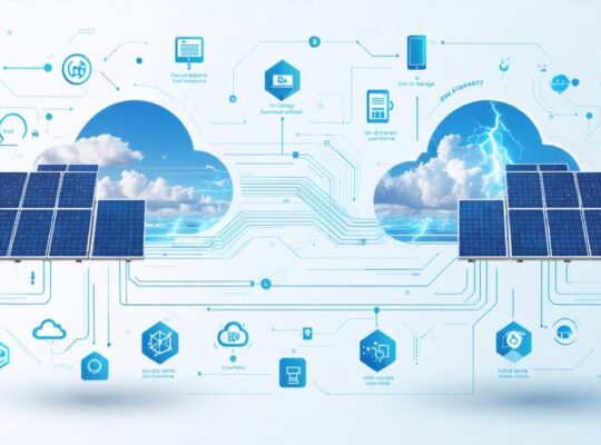 Infographic showcasing the integration of on-premises and cloud storage for solar PV data management, featuring elements like solar panels, data streams, storage icons, and security symbols to represent an efficient and secure hybrid cloud infrastructure.