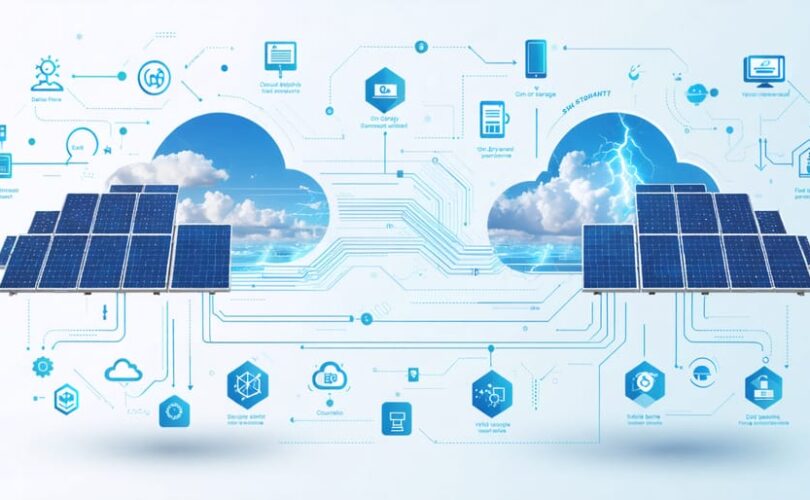 Infographic showcasing the integration of on-premises and cloud storage for solar PV data management, featuring elements like solar panels, data streams, storage icons, and security symbols to represent an efficient and secure hybrid cloud infrastructure.