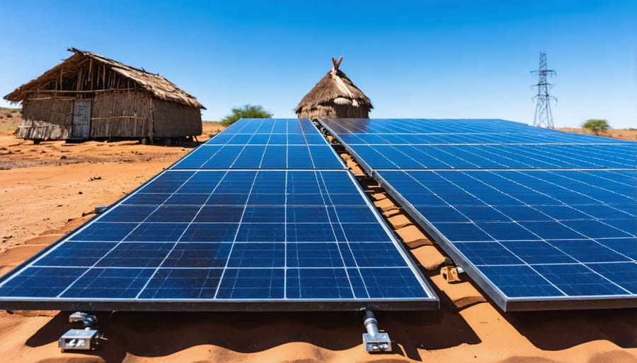 Indigenous community members using solar-powered water and lighting facilities at dusk
