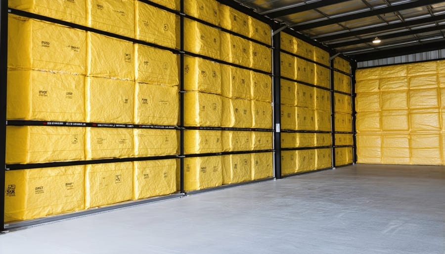 Close-up of reflective insulation material being installed on metal building wall