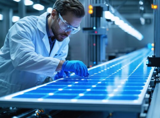 Engineer in an ESD lab coat and safety glasses inspects blue solar cells on an automated conveyor while robotic arms and IoT sensors operate in a cleanroom factory setting.