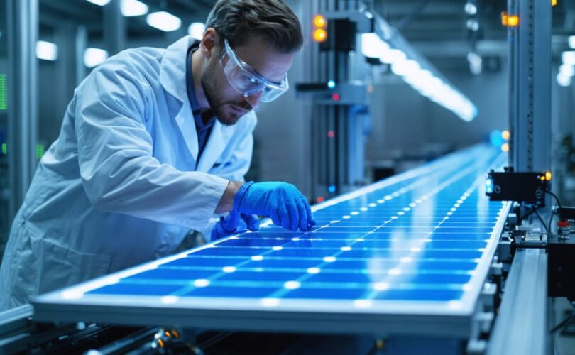 Engineer in an ESD lab coat and safety glasses inspects blue solar cells on an automated conveyor while robotic arms and IoT sensors operate in a cleanroom factory setting.