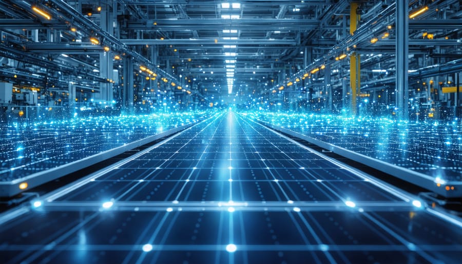 Close-up of industrial IoT sensors and monitoring equipment on solar manufacturing machinery