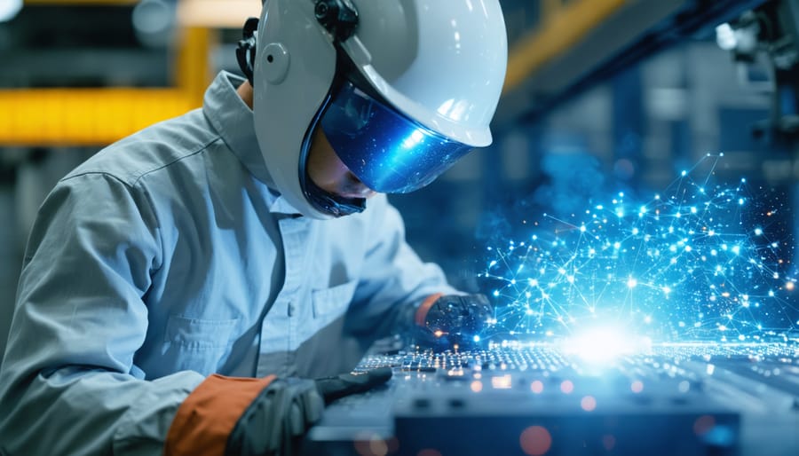 Technical team reviewing manufacturing system data and discussing IoT integration strategy