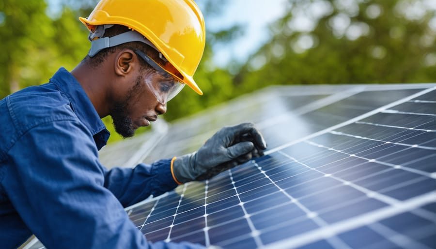 Local technician performing maintenance on solar panel system while training community member