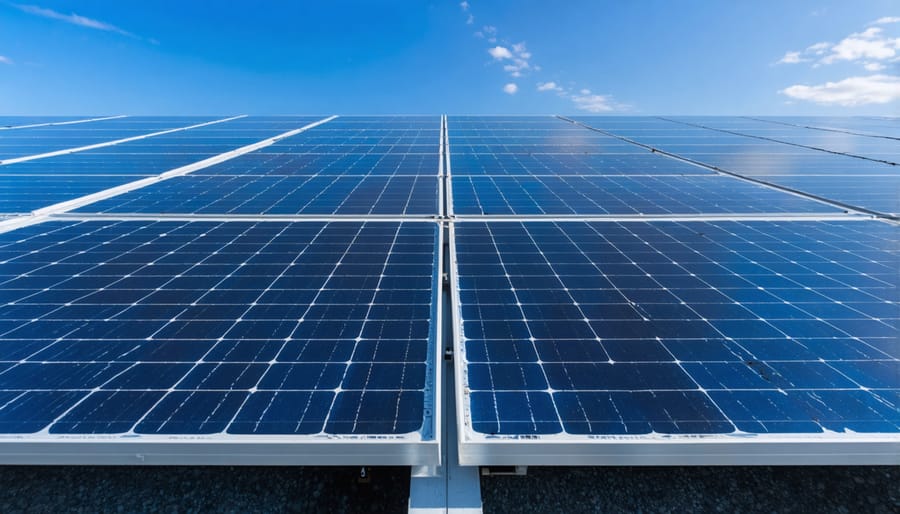 Clean, well-maintained solar panel array at sunrise with mountain backdrop