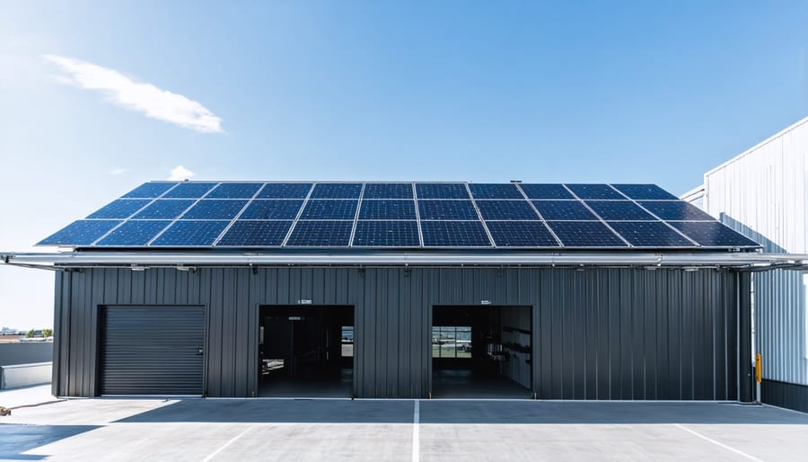 Metal industrial building with solar panels installed on the roof