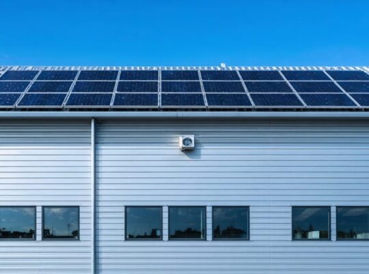 "A modern metal industrial building with rooftop solar panels, showcasing renewable energy integration."