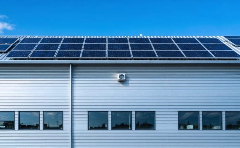 "A modern metal industrial building with rooftop solar panels, showcasing renewable energy integration."