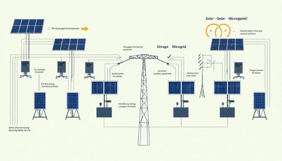 Technical diagram illustrating the interconnected components of a solar microgrid system