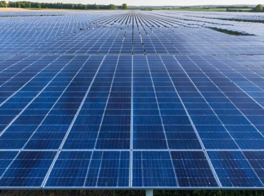 "Expansive view of a solar farm with rows of solar panels under diffused daylight, signifying sustainable energy solutions."
