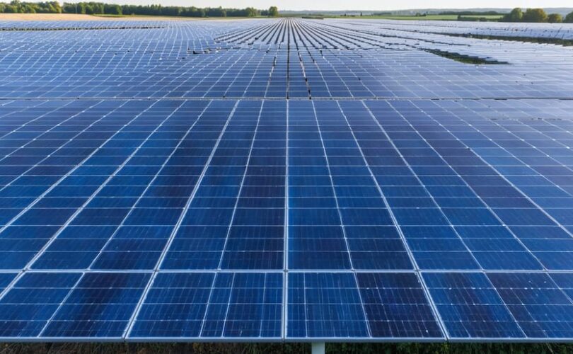 "Expansive view of a solar farm with rows of solar panels under diffused daylight, signifying sustainable energy solutions."