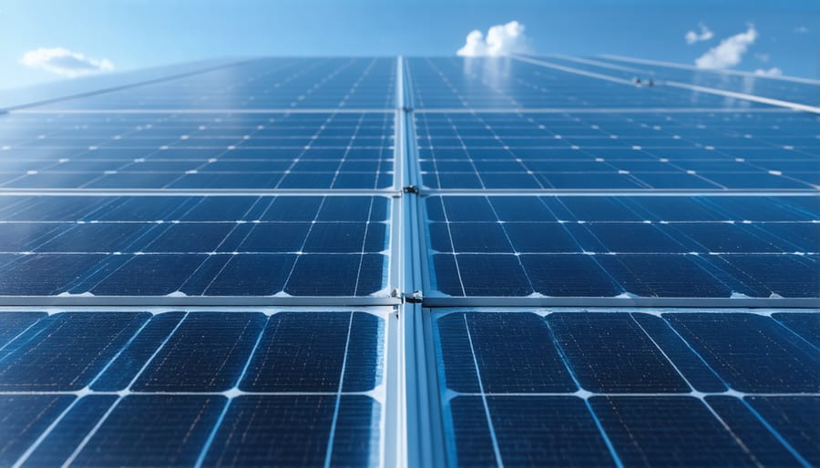Detailed view of modern solar panel surface showing cell pattern