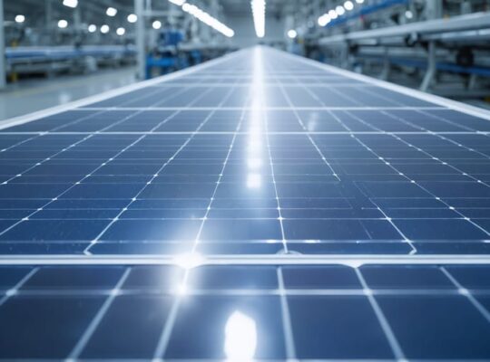 "Interior view of a solar panel manufacturing facility with gleaming photovoltaic modules on a production line and blurred machinery in the background."