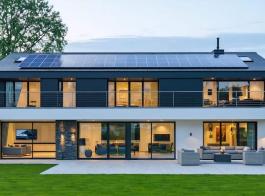 "Exterior view of a contemporary zero-energy home with solar panels on the roof and large windows showcasing eco-friendly design."