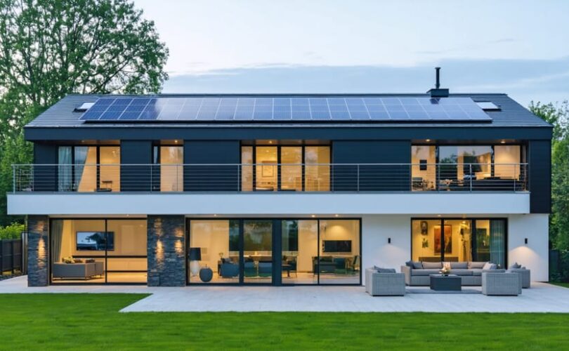 "Exterior view of a contemporary zero-energy home with solar panels on the roof and large windows showcasing eco-friendly design."
