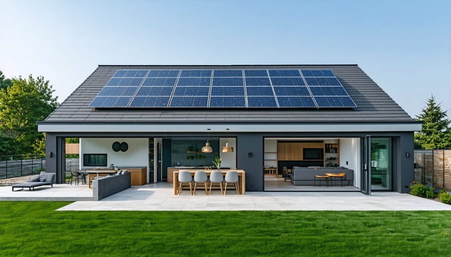 Exterior view of modern zero energy home with roof-mounted solar panels and large windows