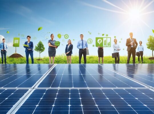 "An illustration depicting nonprofit representatives standing beneath solar panels, surrounded by grant documents and symbols of financial sustainability, conveying the financial and environmental benefits of solar energy."
