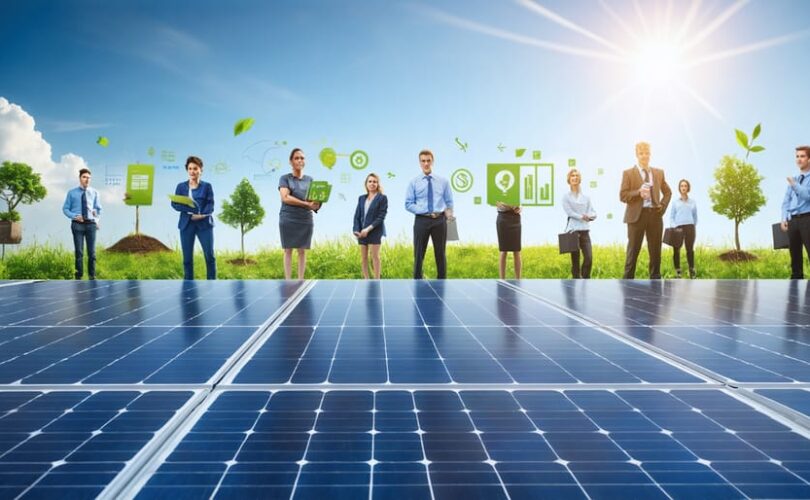 "An illustration depicting nonprofit representatives standing beneath solar panels, surrounded by grant documents and symbols of financial sustainability, conveying the financial and environmental benefits of solar energy."
