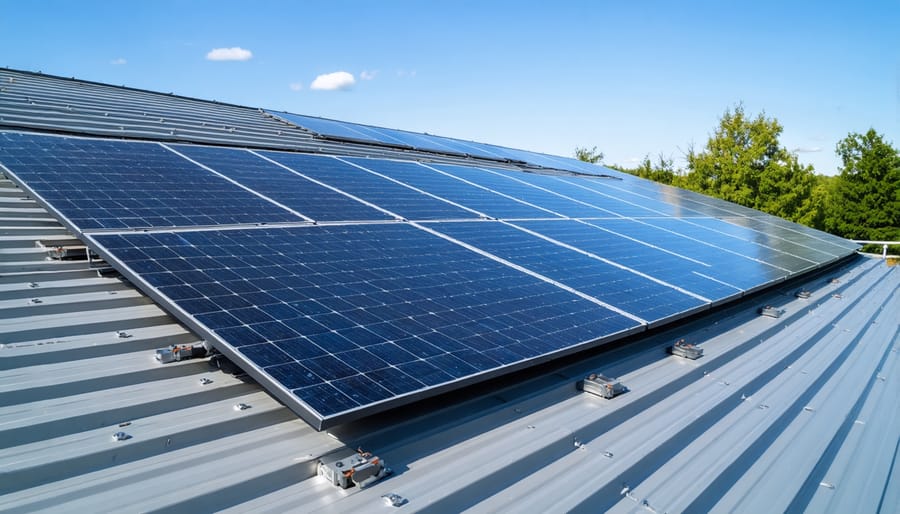 Large array of solar panels on the roof of a community center with people visible below