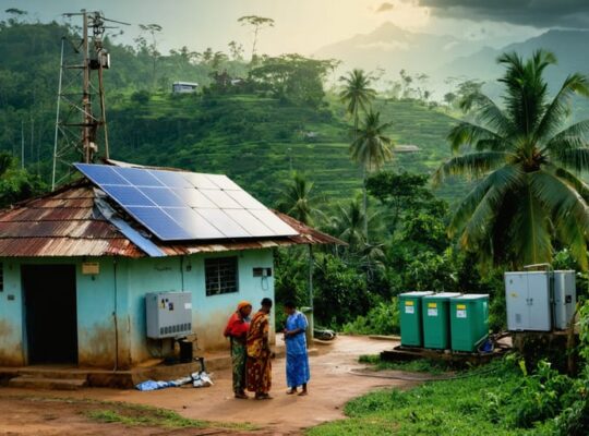 Wide eye-level view of a tropical hillside village with rooftop solar panels and a weatherproof battery unit near a small clinic, two residents inspecting the system under golden hour light as receding storm clouds clear, with a water tank, radio mast, and palms in the background.
