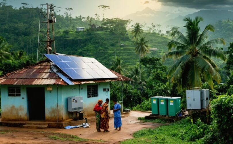 Wide eye-level view of a tropical hillside village with rooftop solar panels and a weatherproof battery unit near a small clinic, two residents inspecting the system under golden hour light as receding storm clouds clear, with a water tank, radio mast, and palms in the background.