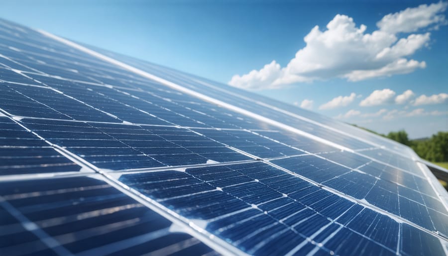 Low angle view of clean solar panels during sunset with golden light reflections