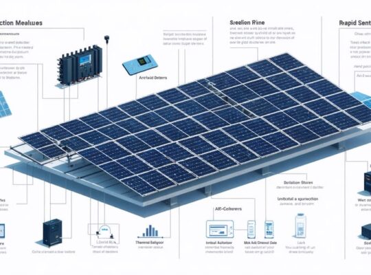Infographic showcasing photovoltaic system components and fire safety features, including arc-fault detectors, thermal sensors, and shutdown mechanisms for effective risk assessment.