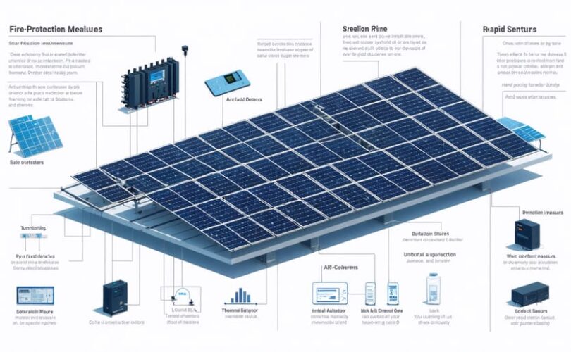 Infographic showcasing photovoltaic system components and fire safety features, including arc-fault detectors, thermal sensors, and shutdown mechanisms for effective risk assessment.