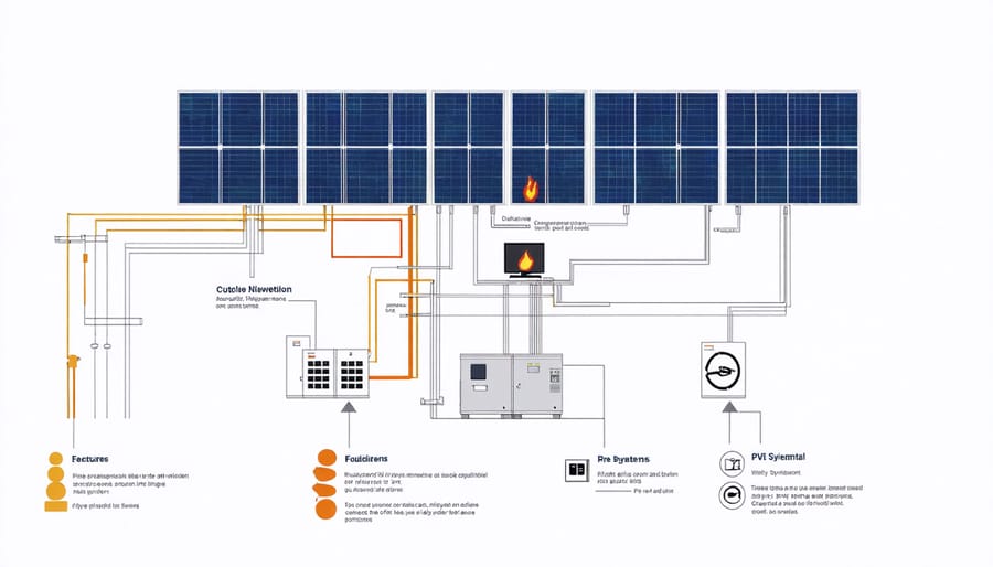 Detailed illustration of solar panel system components showing key fire protection measures and safety features