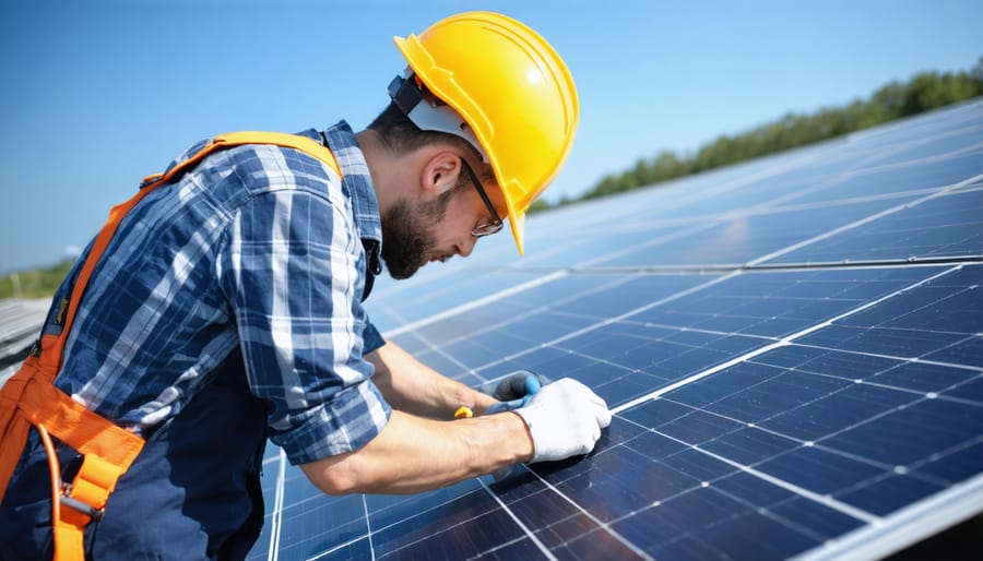 Solar system inspector examining electrical connections and mounting hardware during fire risk assessment