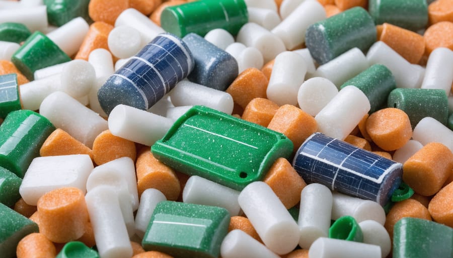 Stream of recycled black and gray plastic pellets falling from container