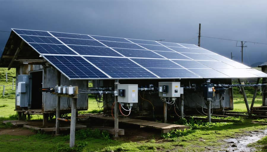 Remote mountain community with solar panels on buildings under dramatic storm clouds