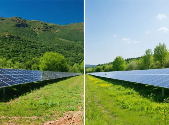Split view showing a natural landscape alongside a solar farm, illustrating the environmental impact and land use considerations of renewable energy deployment.