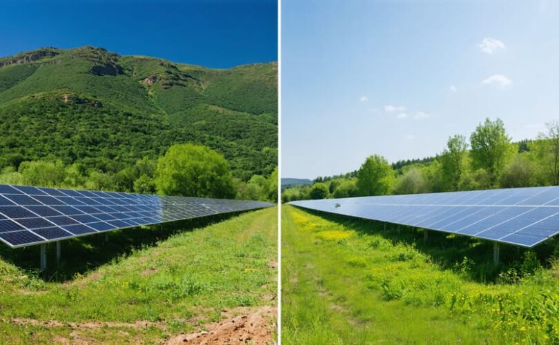 Split view showing a natural landscape alongside a solar farm, illustrating the environmental impact and land use considerations of renewable energy deployment.