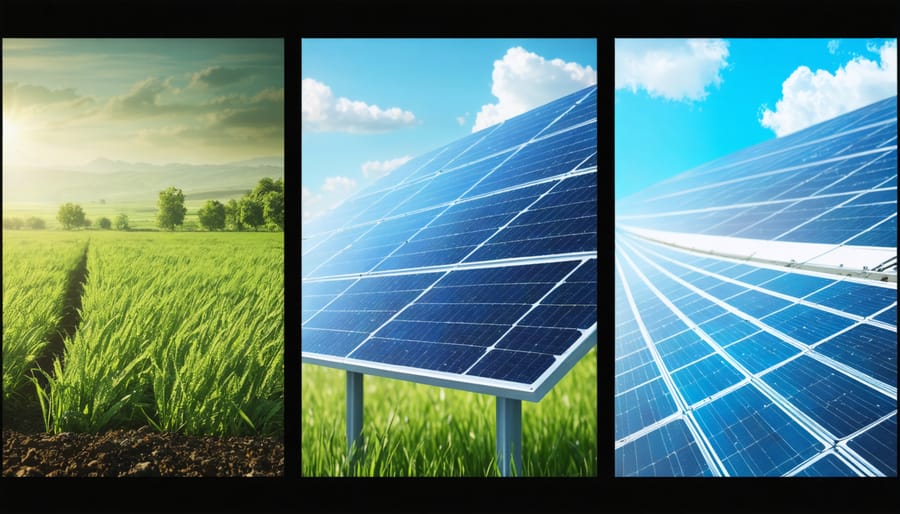 Side-by-side comparison of environmental effects from solar, wind, and hydroelectric installations