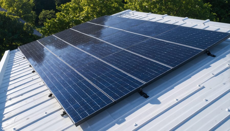 Aerial view of residential solar panel array installed on house roof