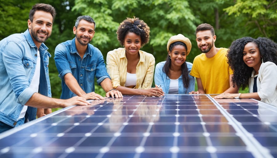 Multi-ethnic group of people discussing solar initiatives at a community meeting