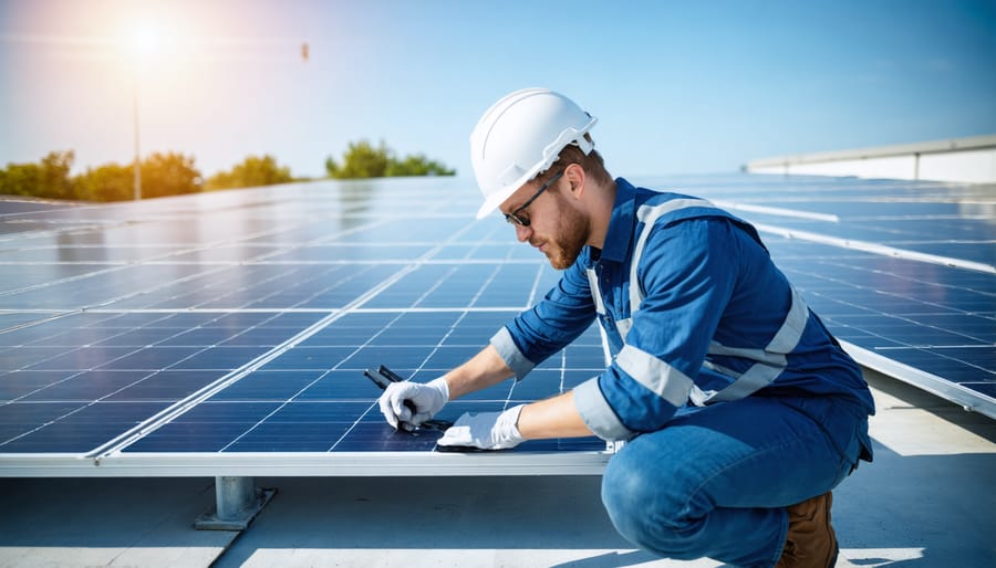 Professional solar energy auditor inspecting rooftop solar panels while wearing safety equipment