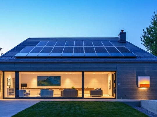 Modern home at dusk with rooftop solar panels and a wall-mounted battery storage unit glowing softly, with neighborhood rooftops and early night sky in the background.